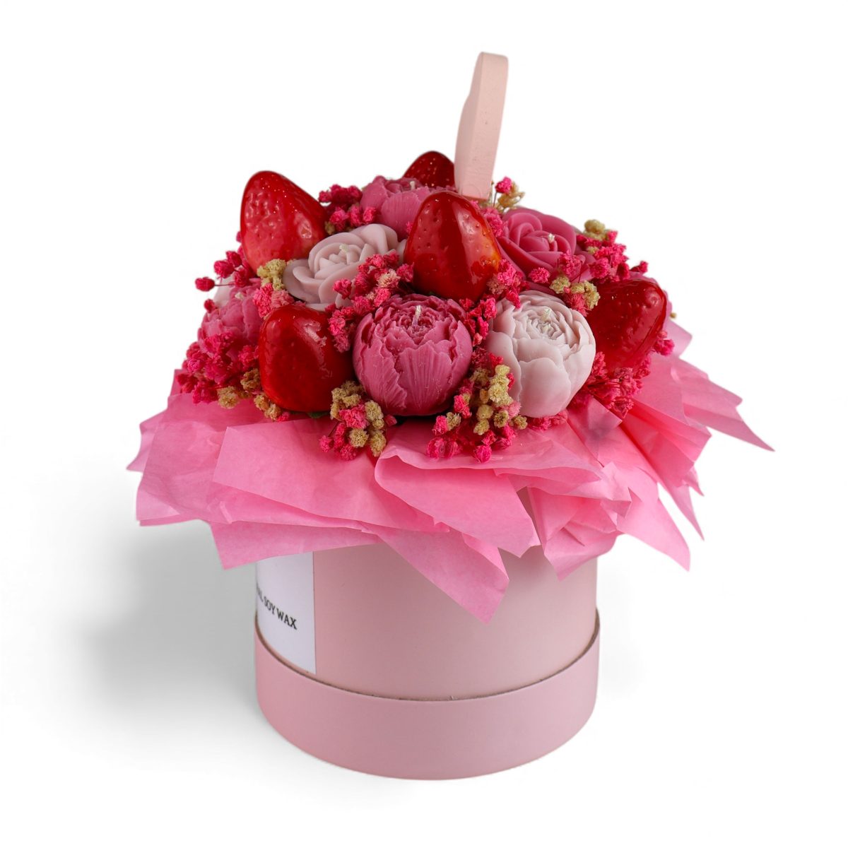 podarak-za-sveti-valentin Букет от соеви свещи с ягоди – рози и божури