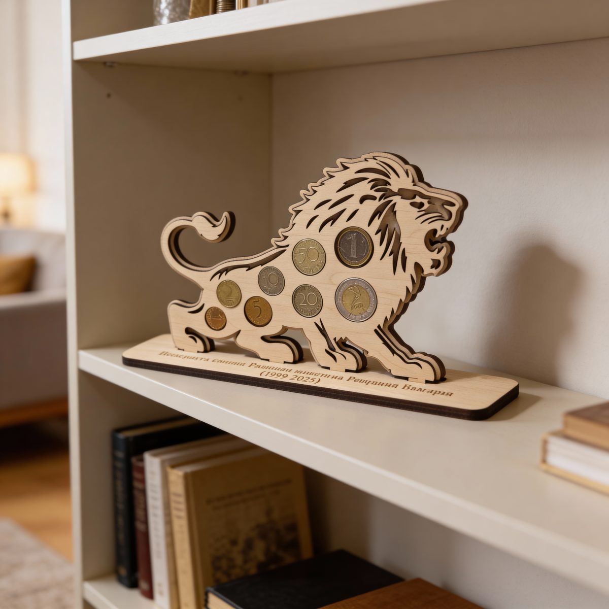 a0da4e43-ddfb-4bcb-957c-ff92a10af848_0 Дървен лъв за българските монети 1999–2025г – колекционерска поставка