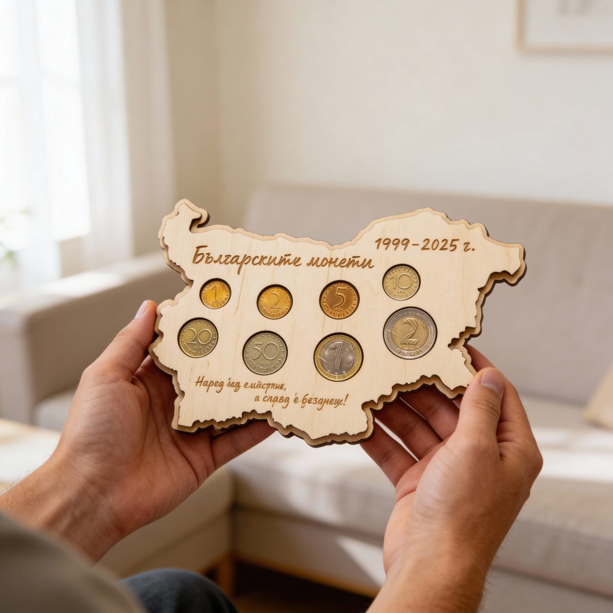 a0da5bdb-3036-4341-bfd0-e81a68334cb1_0 Дървена карта на България за колекция на българските монети 1999–2025г