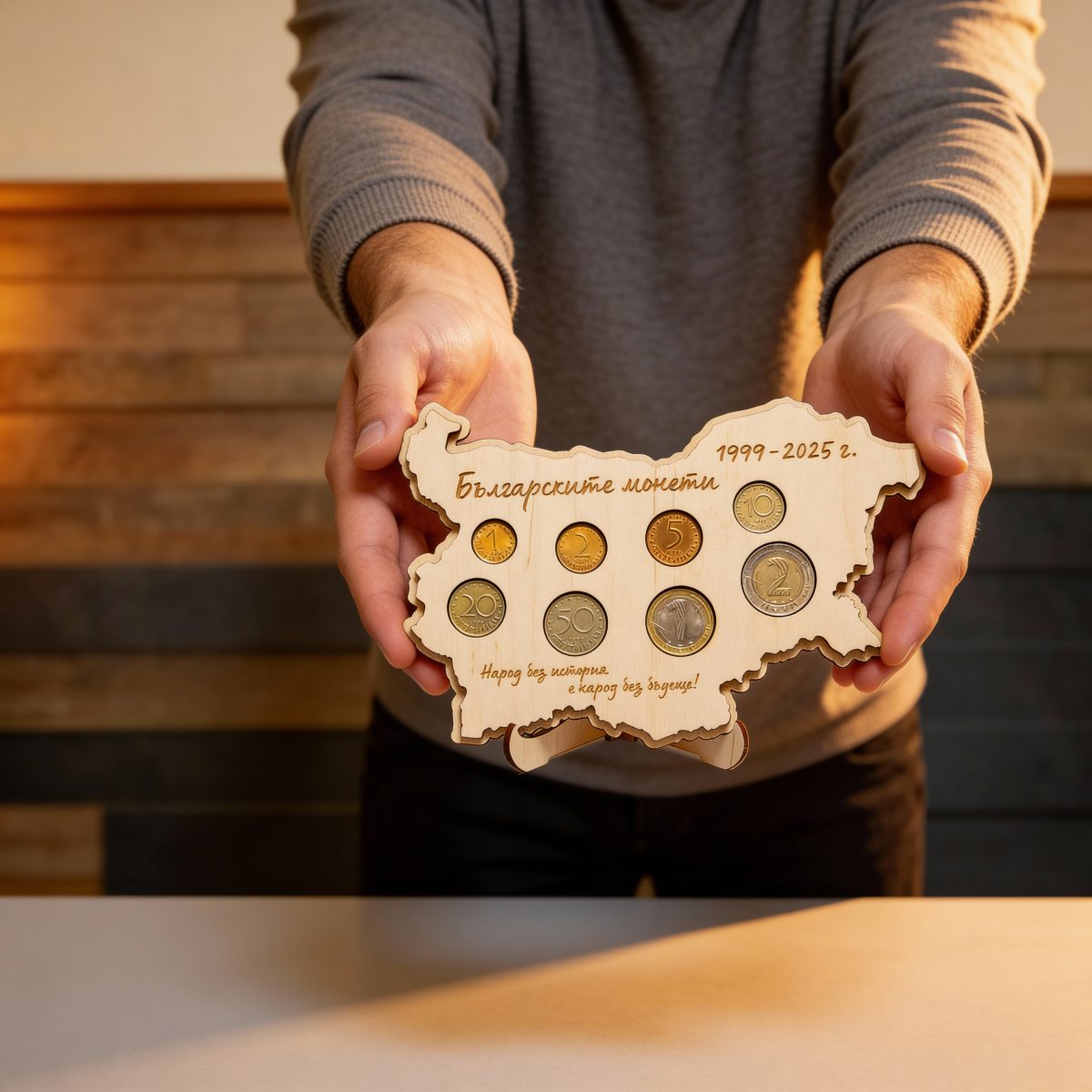 a0da5ee3-4973-4ea8-b9e4-e754f1f2b18b_0 Дървена карта на България за колекция на българските монети 1999–2025г