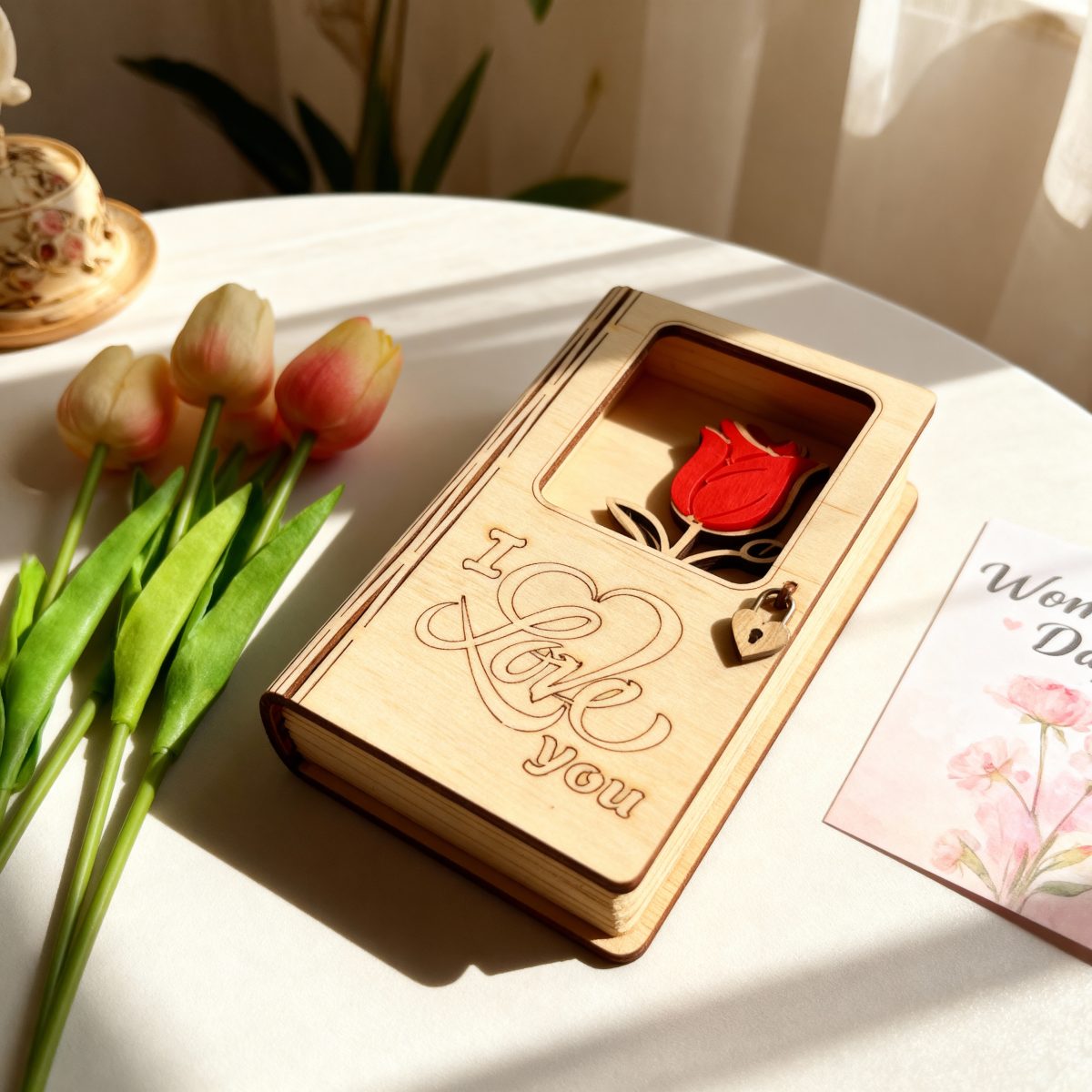 a0f4197a-3043-4b83-97fb-b7e30bea667d_0 Дървено лале „I Love You“ в кутия тип книга – романтичен подарък